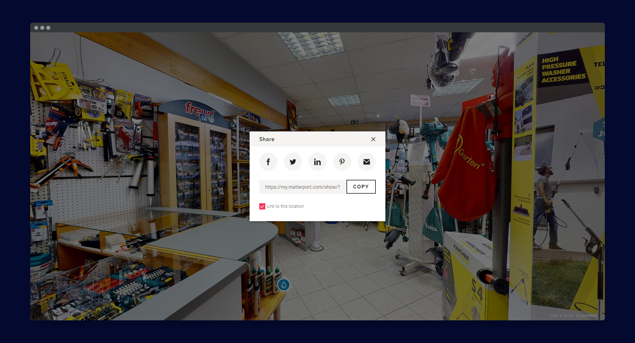 Screenshot okna prehliadača s virtuálnou prehliadkou predajne náradia Apko s vyskakovacím oknom s možnosťami zdieľania virtuálnej prehliadky.